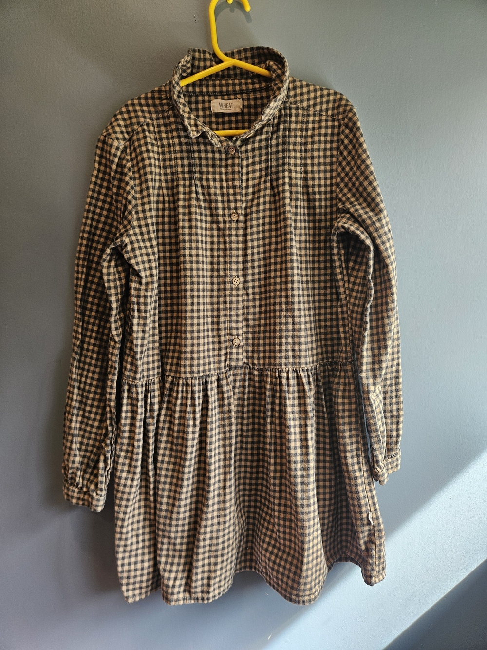 Wheat Brown Check Girls' Long-Sleeve Cotton Blouse Dress